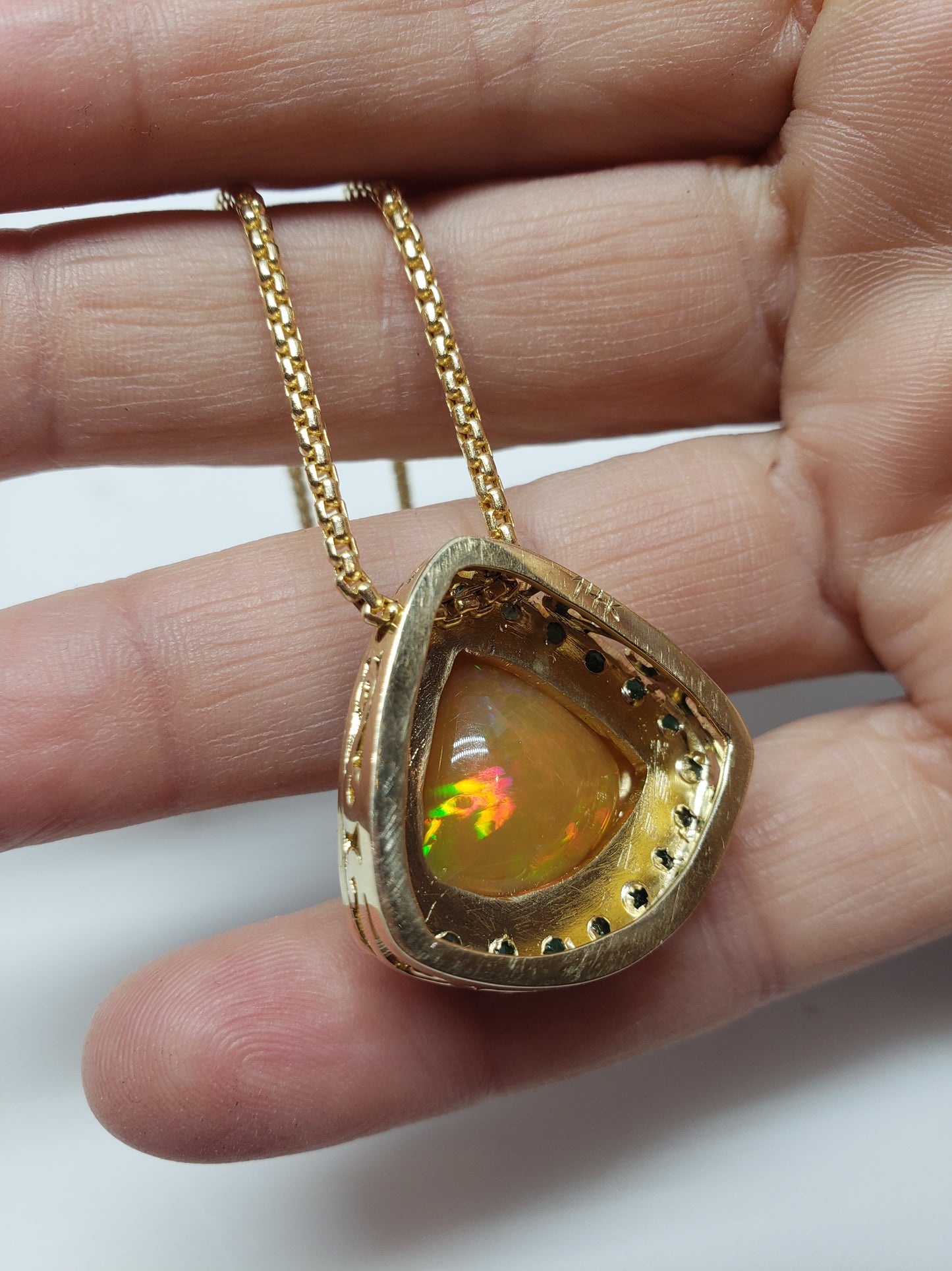 Opal & Emerald Pendant 14k Gold Necklace #224
