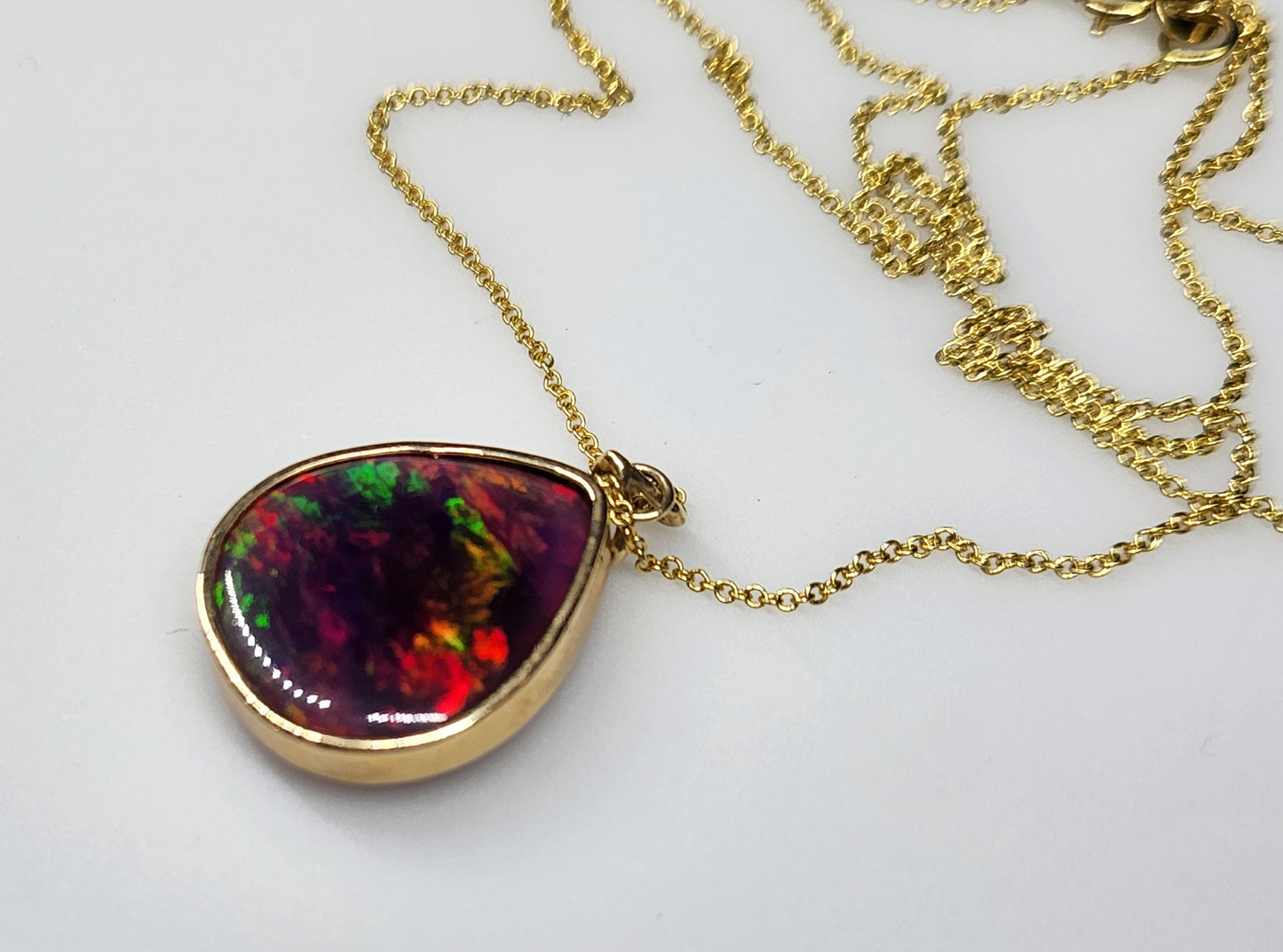 Teardrop Black Opal Pendant 14k Yellow Gold Necklace #342