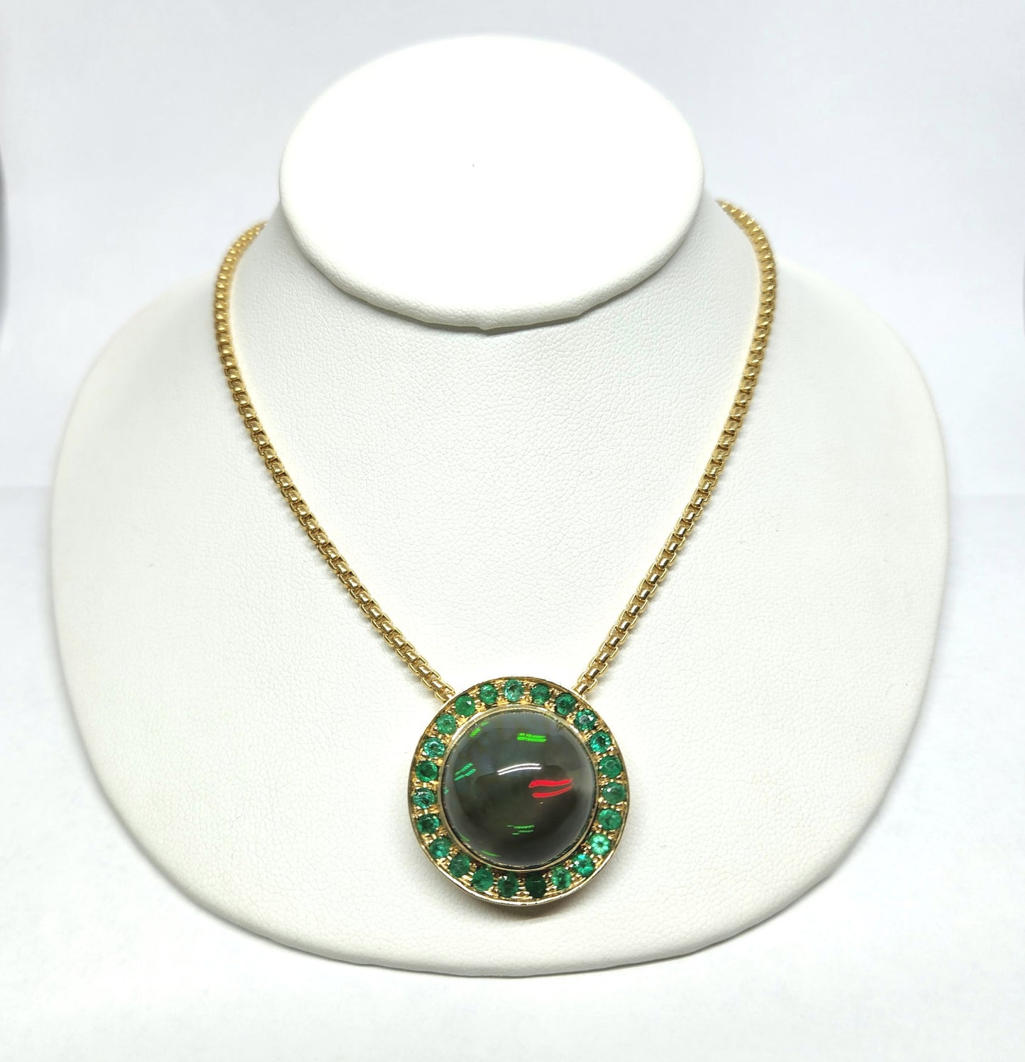 Black Opal & Emerald Pendant 14k Yellow Gold Necklace #343