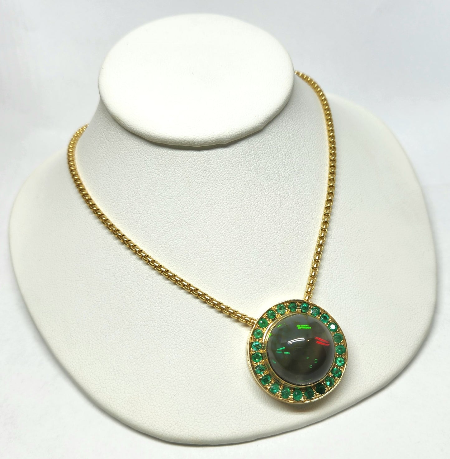 Black Opal & Emerald Pendant 14k Yellow Gold Necklace #343