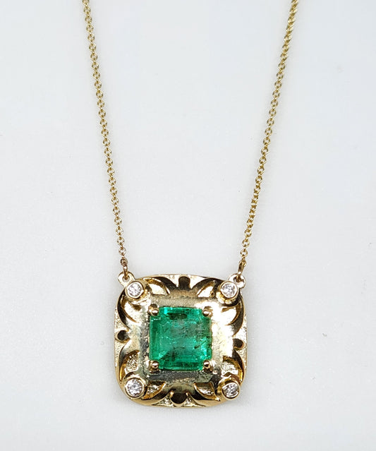 Emerald & Diamond Pendant 14k Yellow Gold Split Chain #345