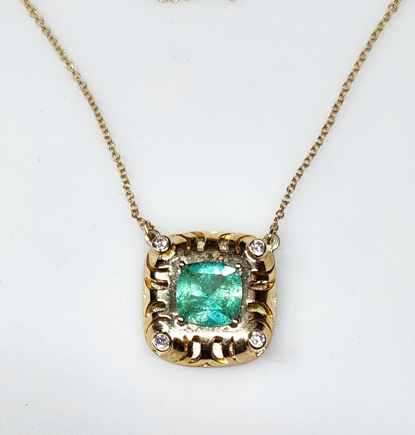 Emerald & Diamond Pendant 14k Yellow Gold Split Chain #346