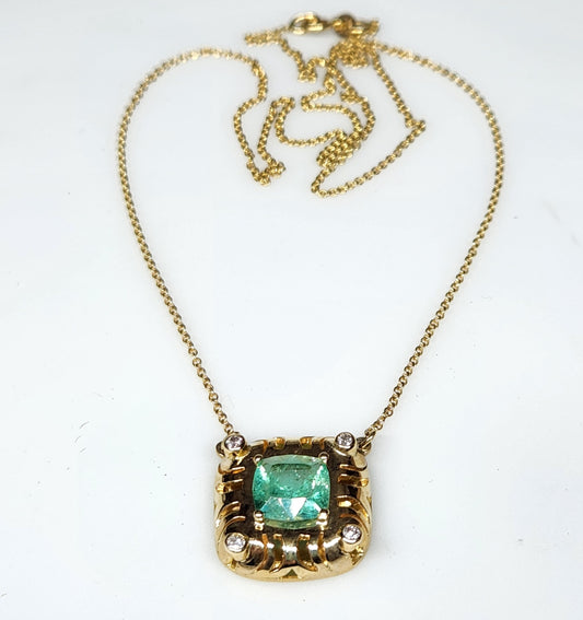 Emerald & Diamond Pendant 14k Yellow Gold Split Chain #346