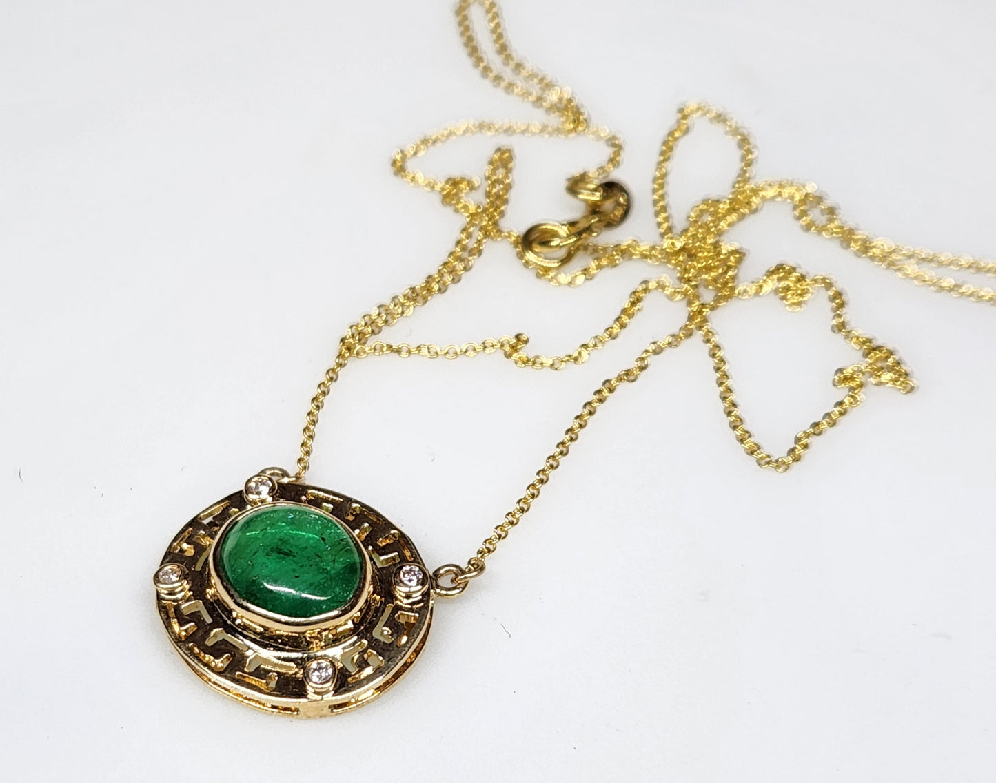 Emerald & Diamond Pendant 14k Yellow Gold Split Chain #347