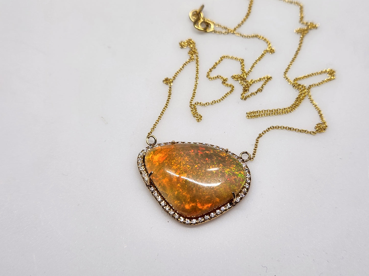 Fire Opal & Moissanite Pendant 14k Yellow Gold Gemstone Necklace #352