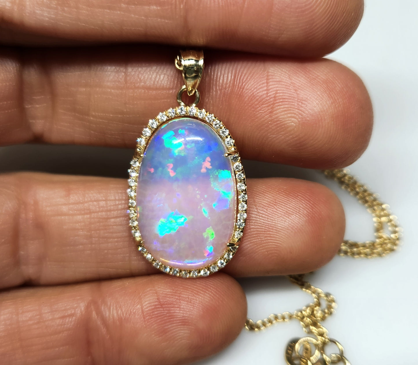 Opal & Diamond 14k Gold Pendant Necklace #353