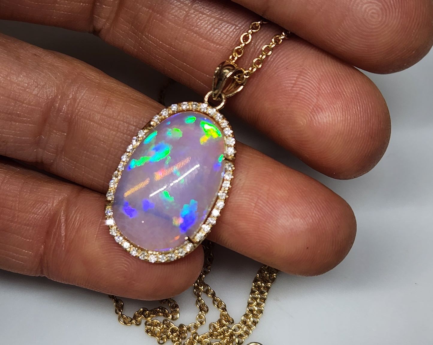 Opal & Diamond 14k Gold Pendant Necklace #353