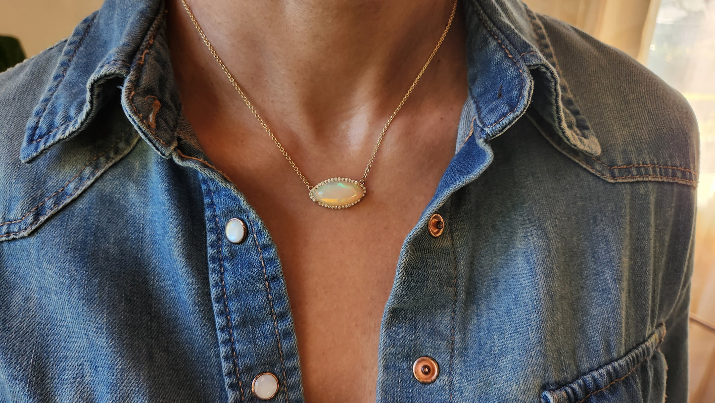 Opal & Diamond Pendant - 14k Gold Split Chain Necklace #365