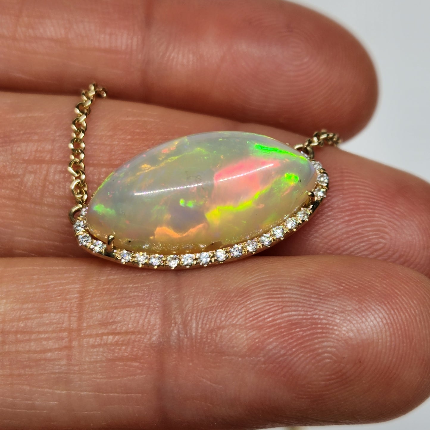 Opal & Diamond Pendant - 14k Gold Split Chain Necklace #365