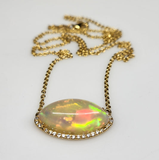 Opal & Diamond Pendant - 14k Gold Split Chain Necklace #365