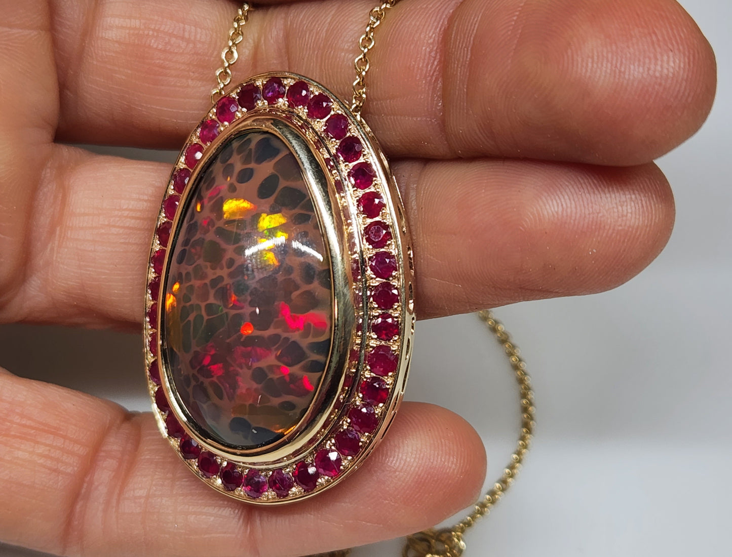 Natural Brown Opal & Ruby Pendant 14k Yellow Gold Necklace #367