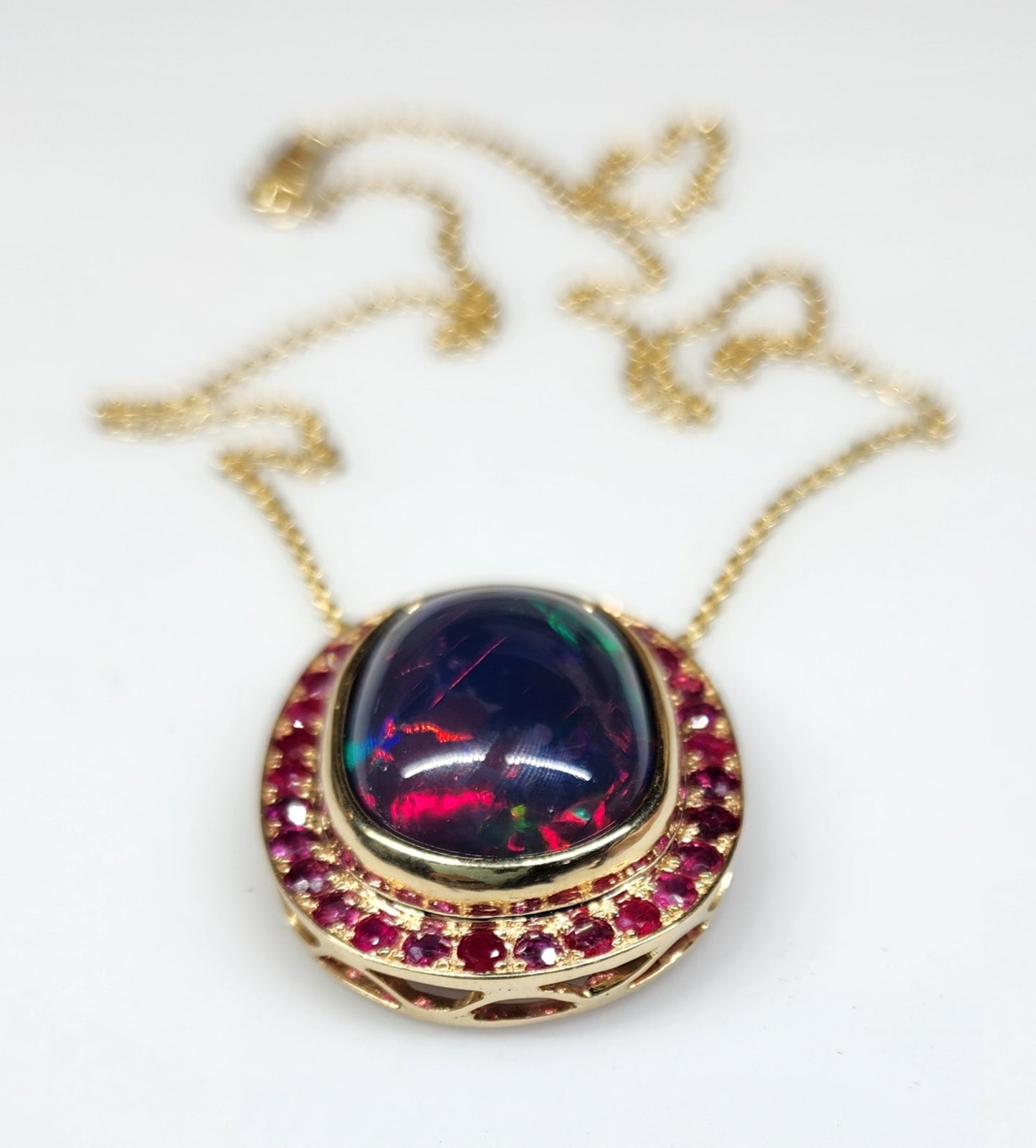 Black Opal & Ruby Pendant 14k Yellow Gold Necklace #368