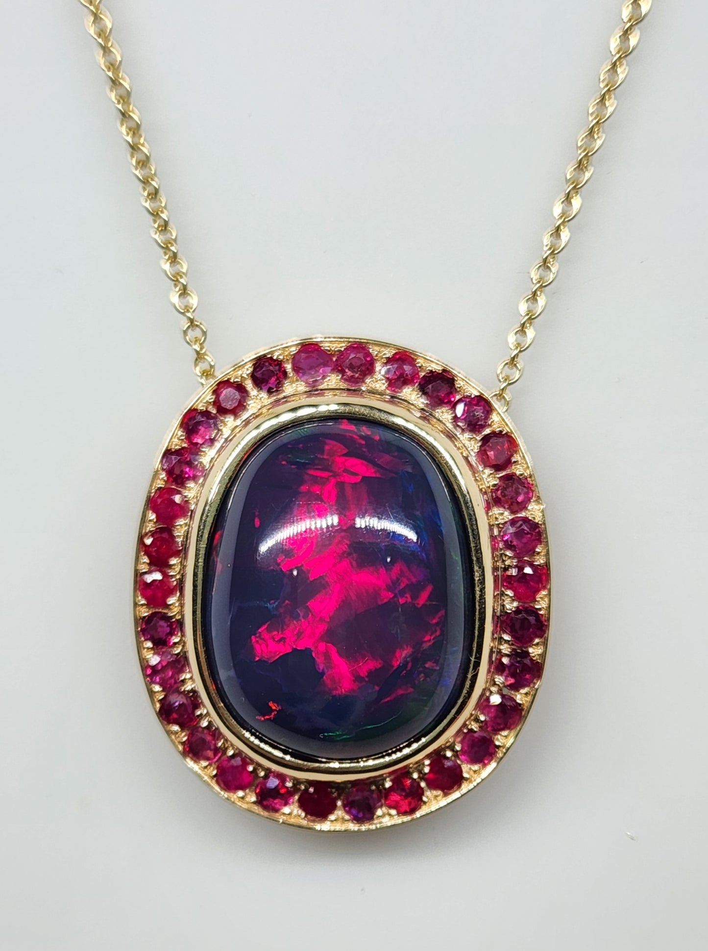 Black Opal & Ruby Pendant 14k Yellow Gold Necklace #368