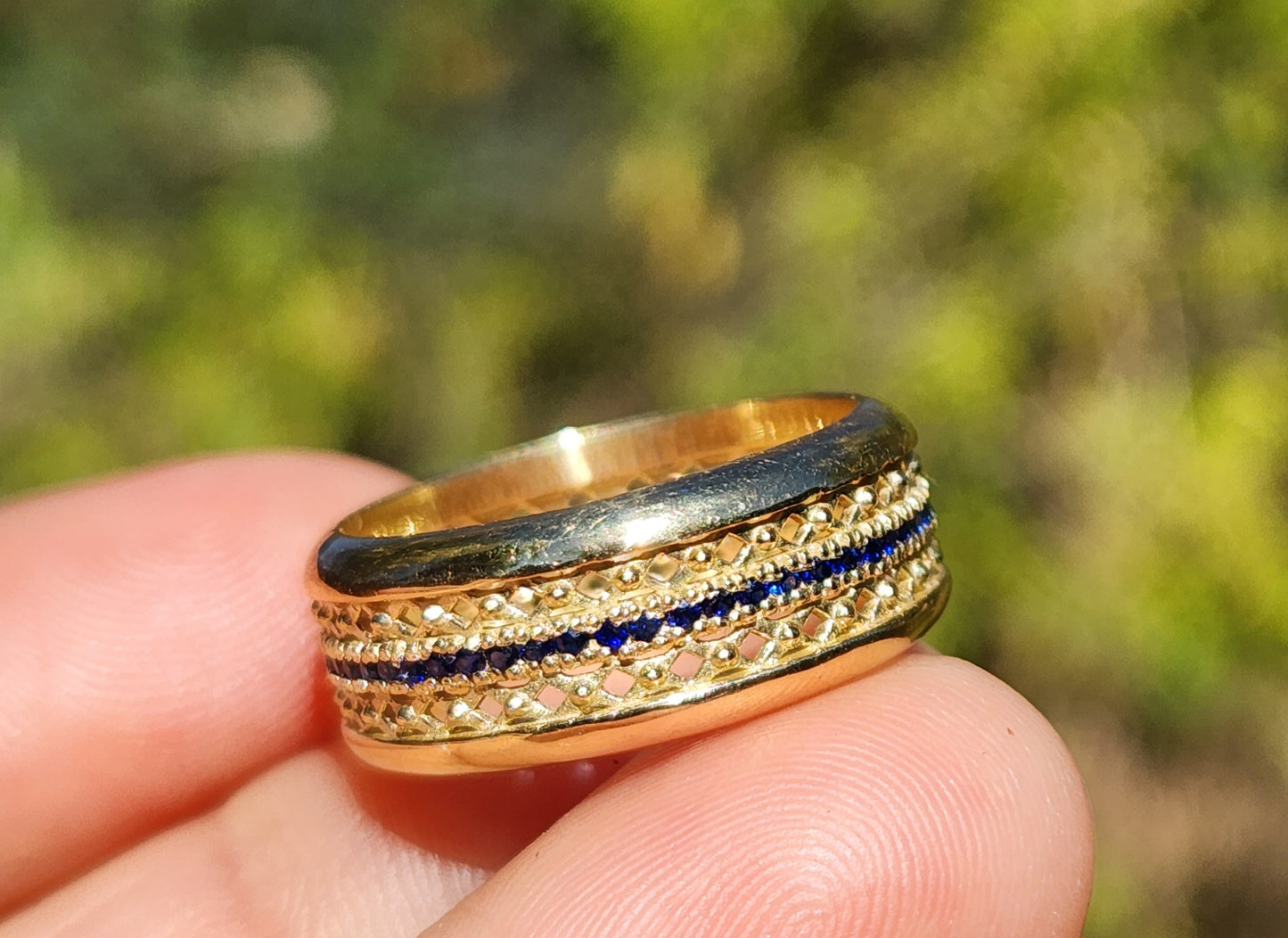 18k Yellow Gold Blue Sapphire Gemstone Ring Band #375
