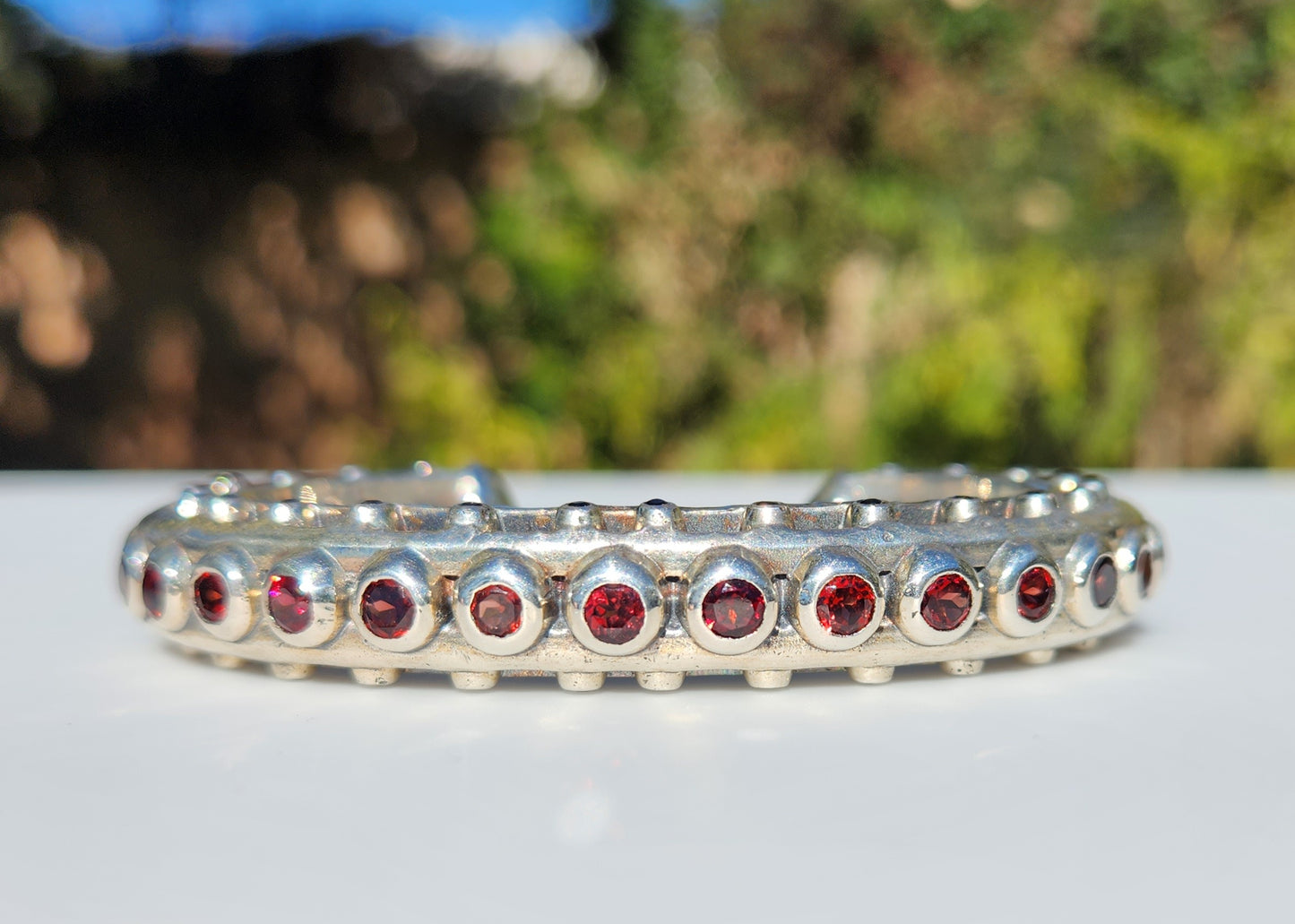 Sterling Silver Red Garnet Gemstone Cuff Bracelet #377