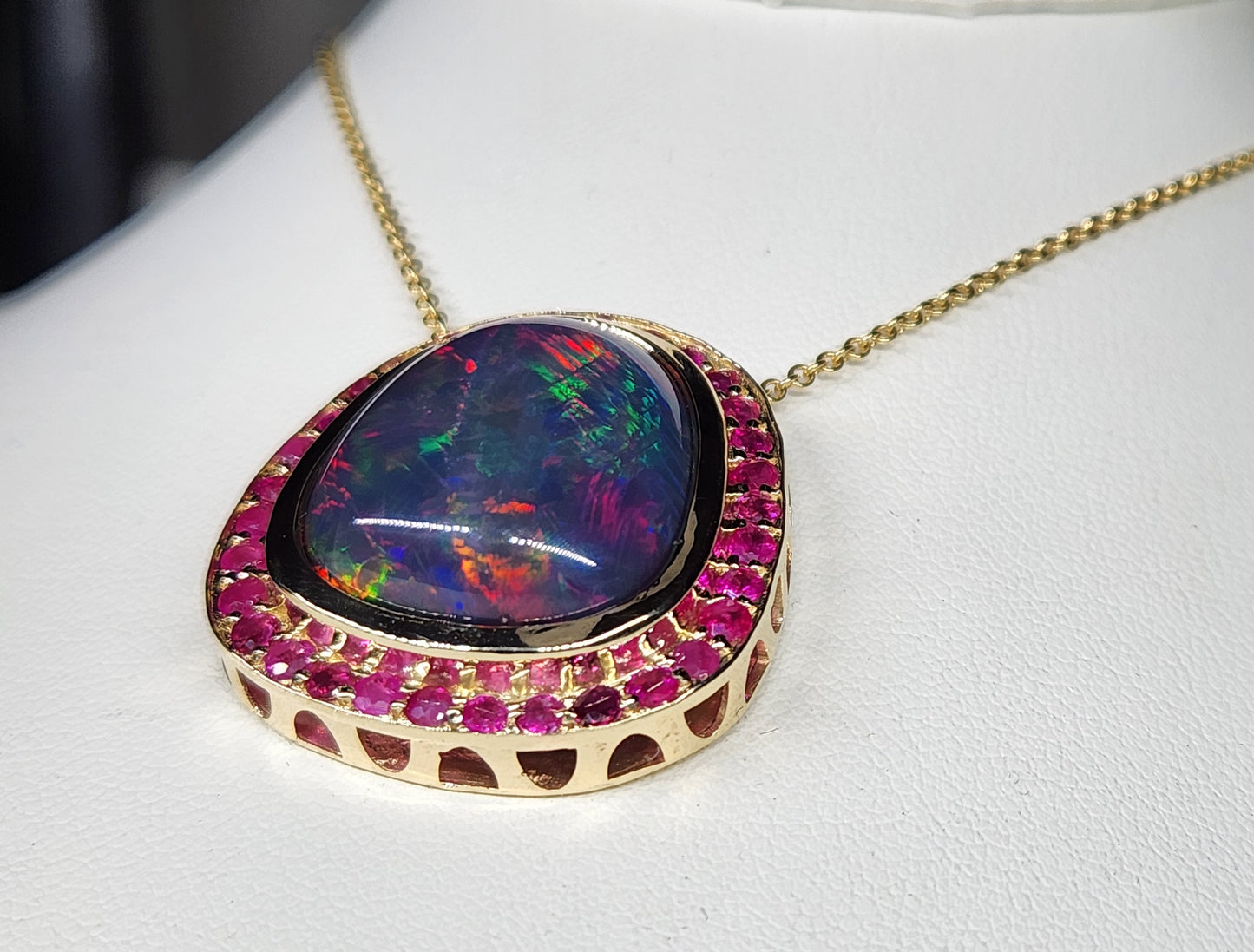 Black Opal & Ruby Pendant 14k Yellow Gold Necklace #397