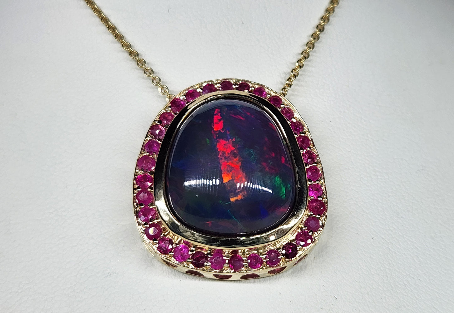 Black Opal & Ruby Pendant 14k Yellow Gold Necklace #397