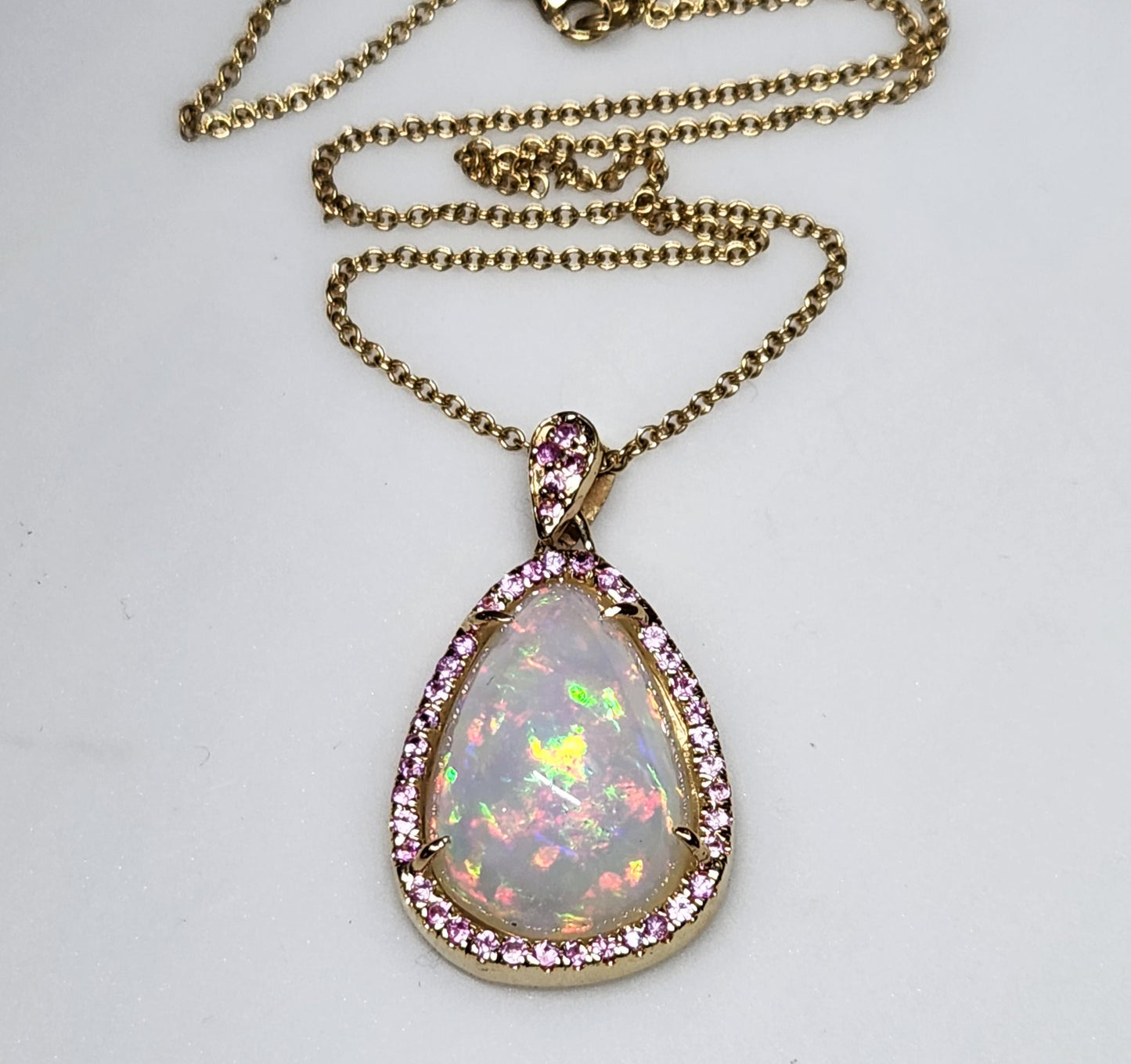Opal & Pink Sapphire Pendant 14k Yellow Gold Pendant Necklace #391
