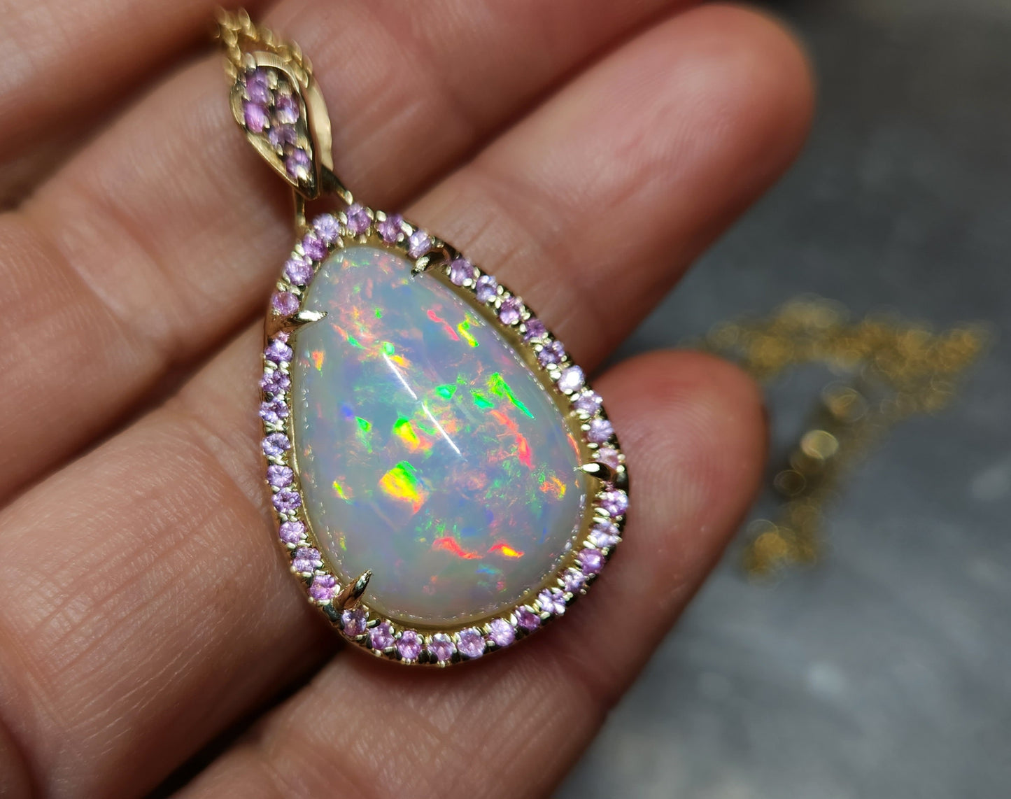 Opal & Pink Sapphire Pendant 14k Yellow Gold Pendant Necklace #391