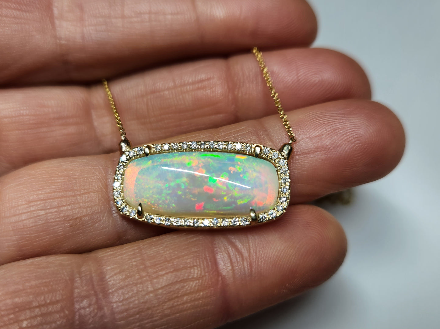 Opal & Diamond Pendant 14k Yellow Gold Split Chain Necklace #390