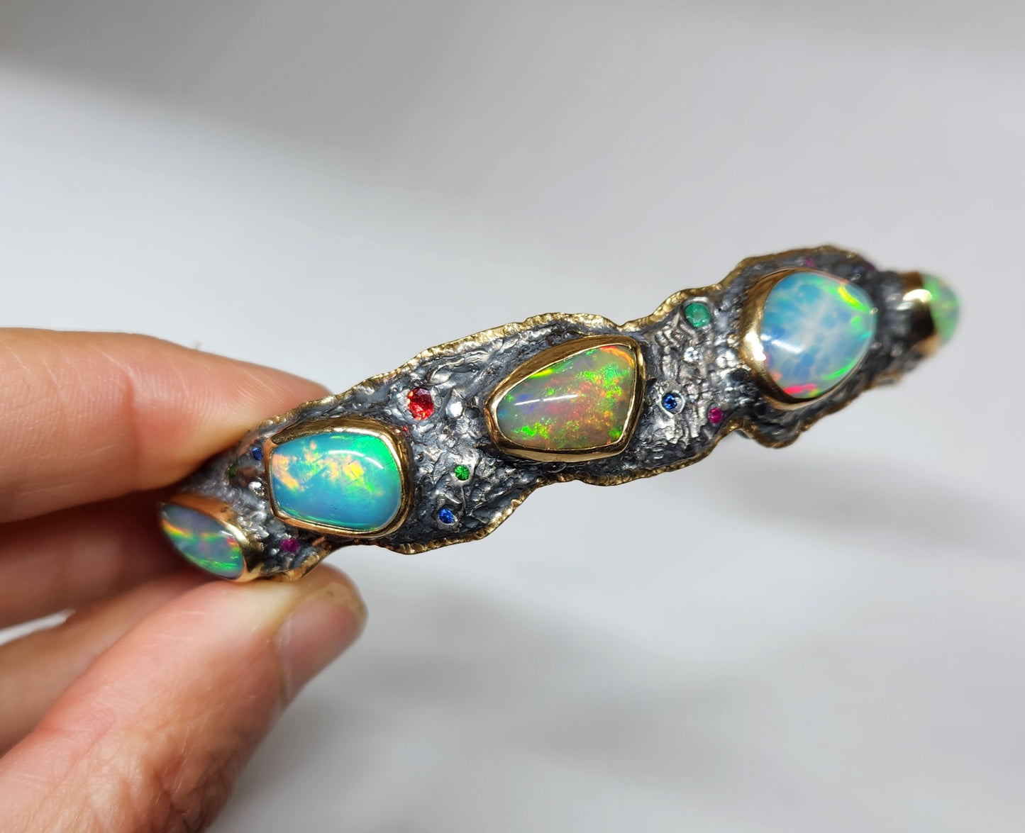 Silver & Gold Opal Gemstone Cuff Bracelet #393