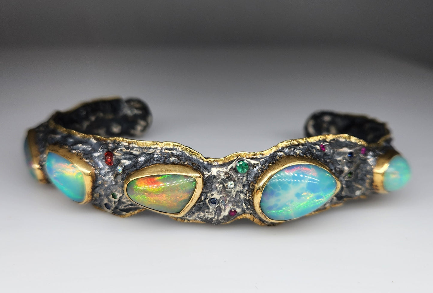 Silver & Gold Opal Gemstone Cuff Bracelet #393