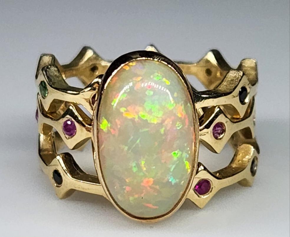 Opal & Moissanite Three Stacking Ring Set 14k Gold #405