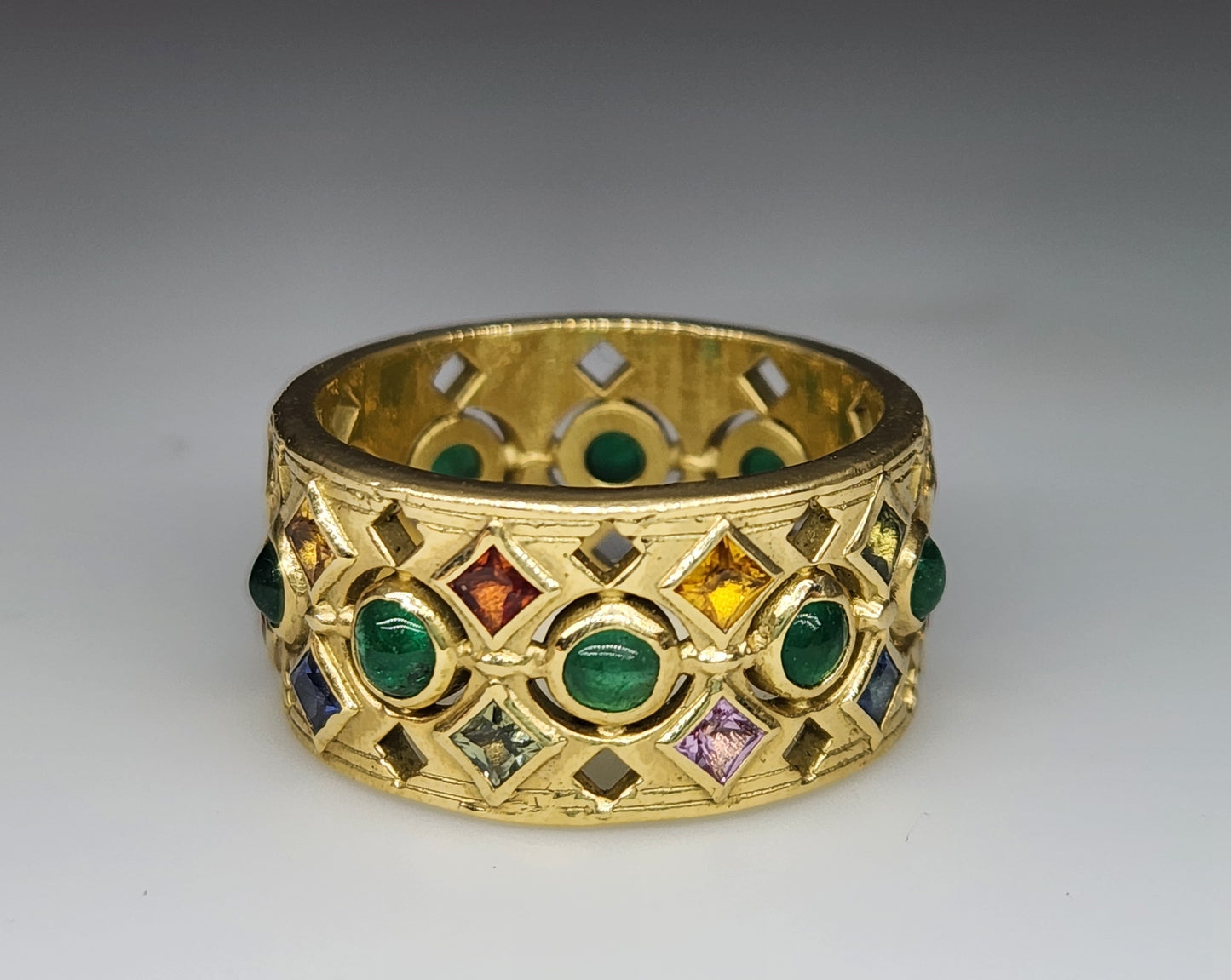 18k Yellow Gold Emerald & Sapphire Gemstone Ring Band #400