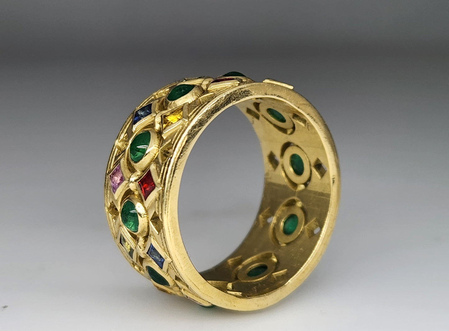 18k Yellow Gold Emerald & Sapphire Gemstone Ring Band #400