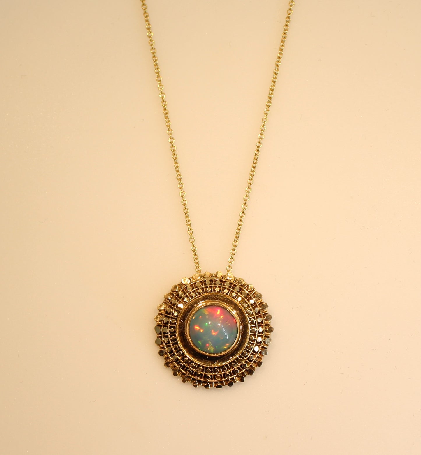 Blue Opal Madallion Pendant 14k Gold Jewelry #209