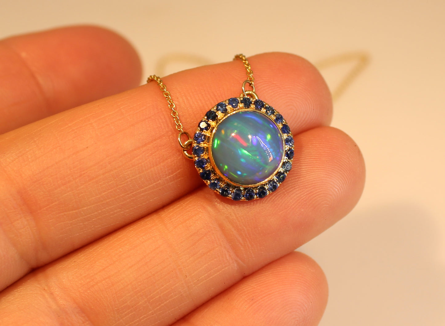 Blue Opal & Sapphire Pendant Split Chain #210