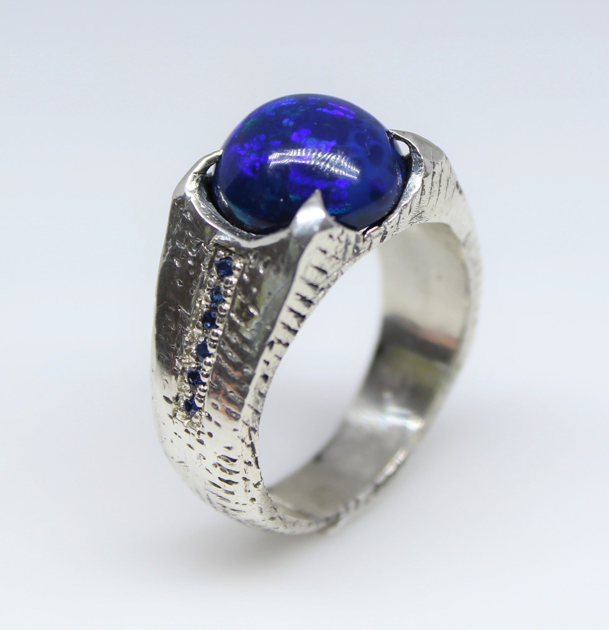 Black Blue Opal & Sapphire Sterling Silver Ring