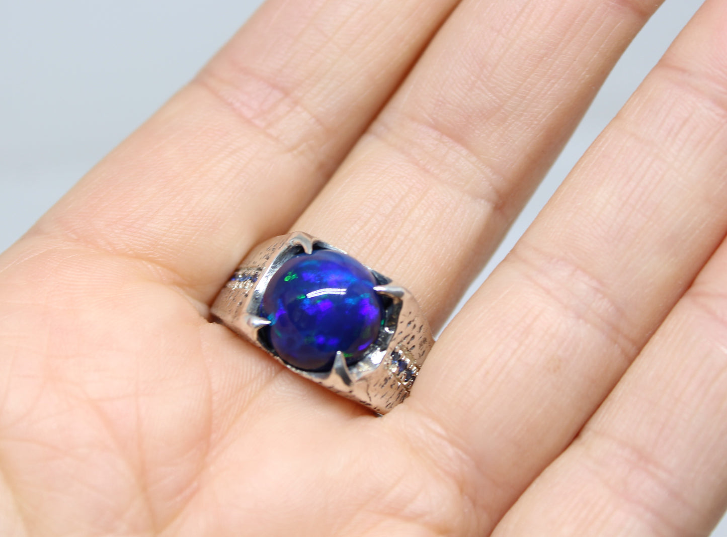 Black Blue Opal Sterling Silver Ring - Unisex Jewelry #215
