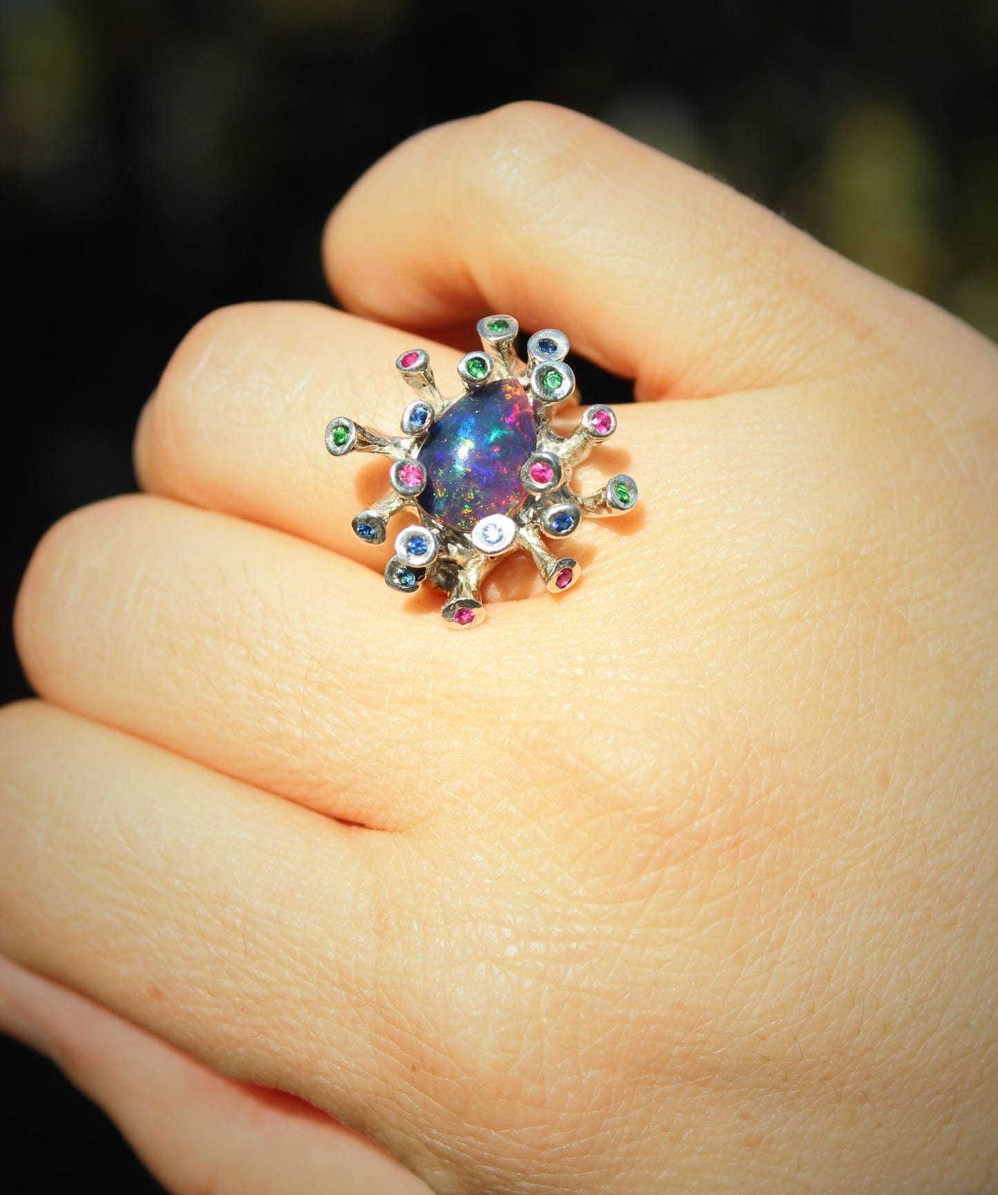 Black Opal & Gemstones Sterling Silver Ring - Handmade Jewelry #217