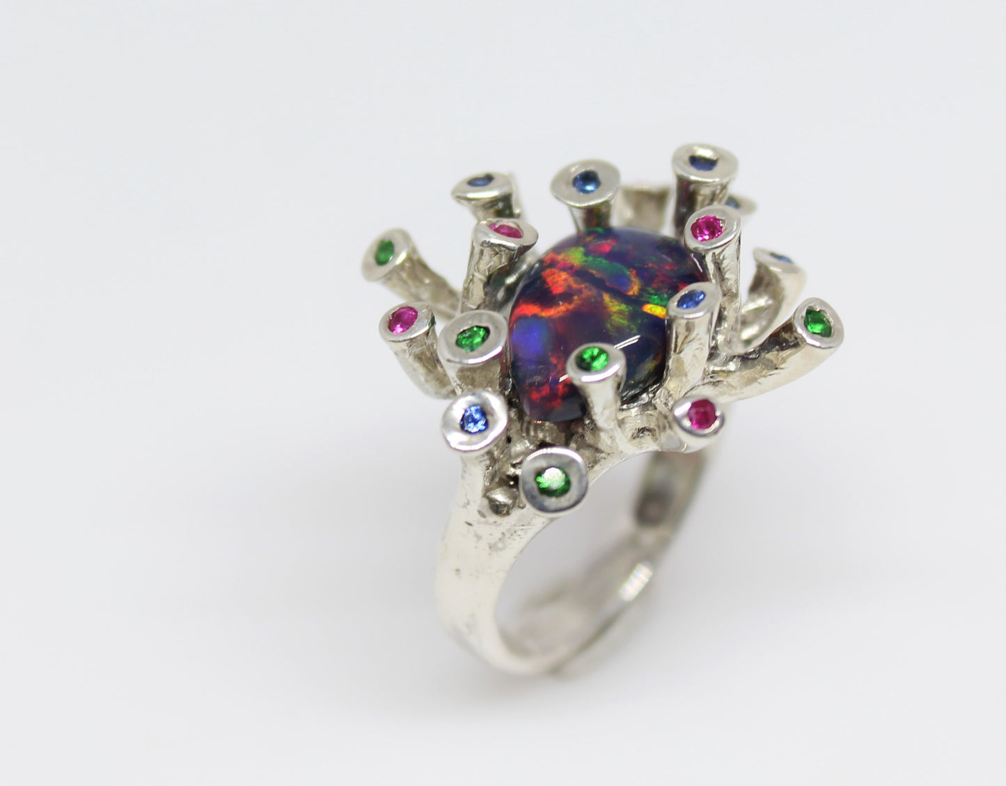 Black Opal & Gemstones Sterling Silver Ring - Handmade Jewelry #217