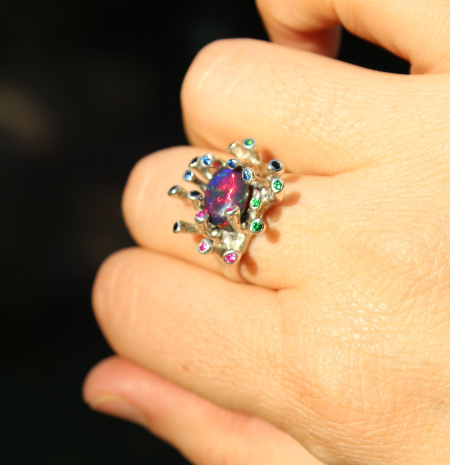 Black Opal & Gemstones Sterling Silver Ring - Handmade Jewelry #218