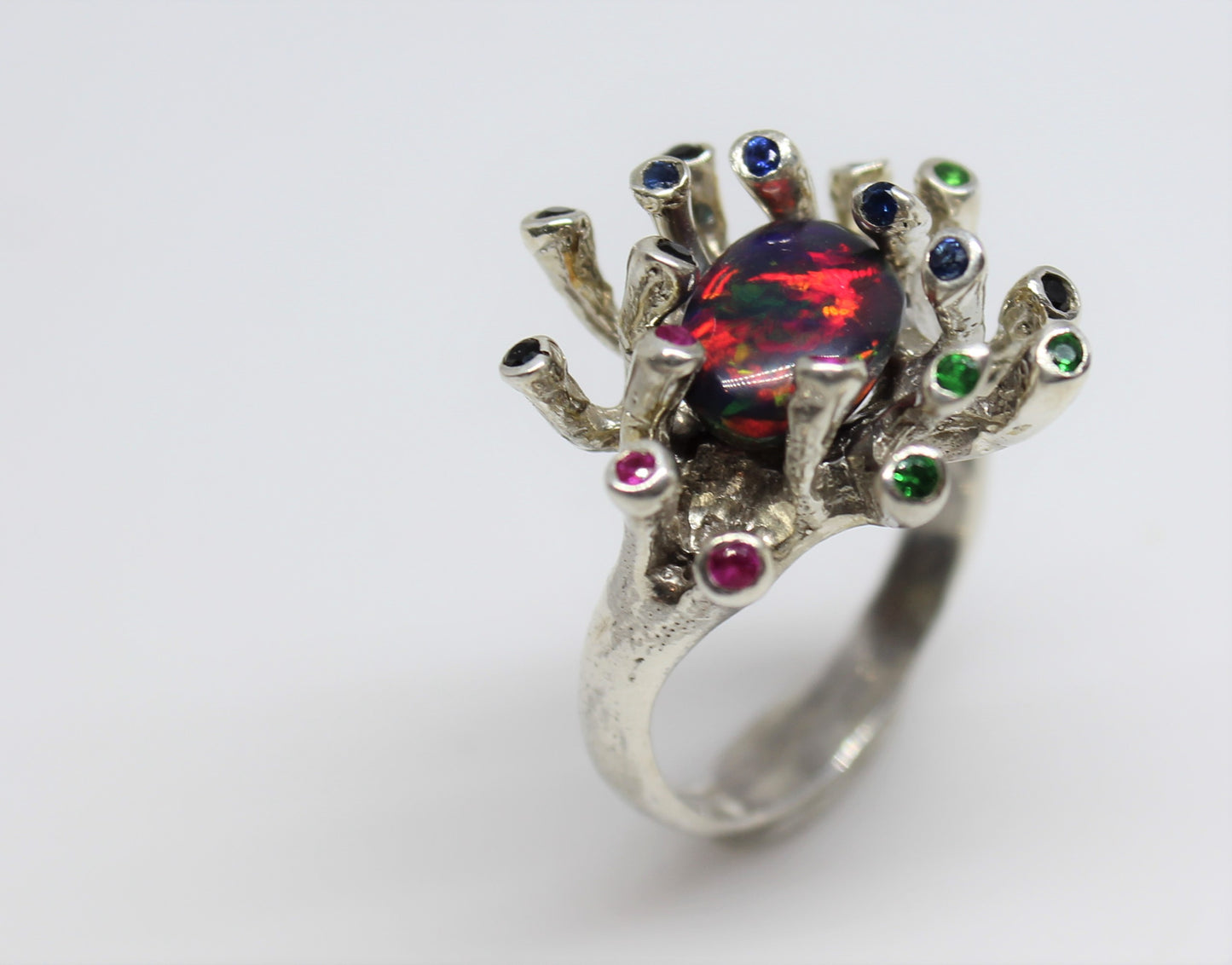 Black Opal & Gemstones Sterling Silver Ring - Handmade Jewelry #218