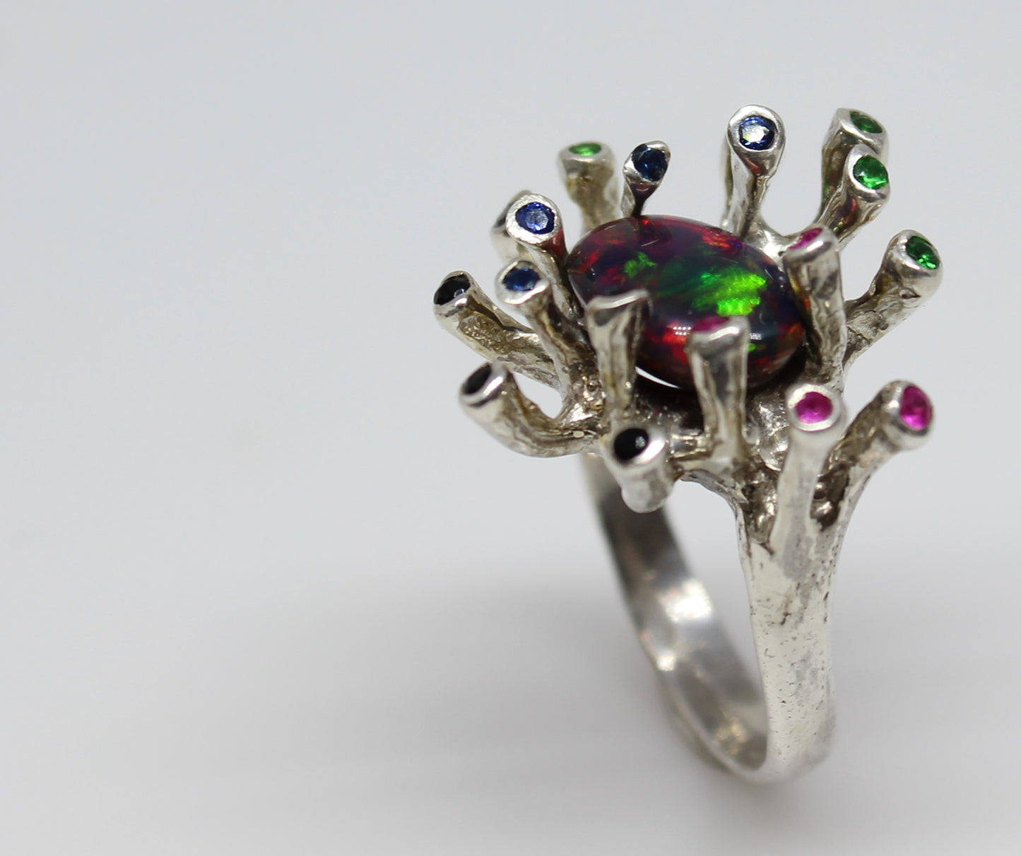 Black Opal & Gemstones Sterling Silver Ring - Handmade Jewelry #218
