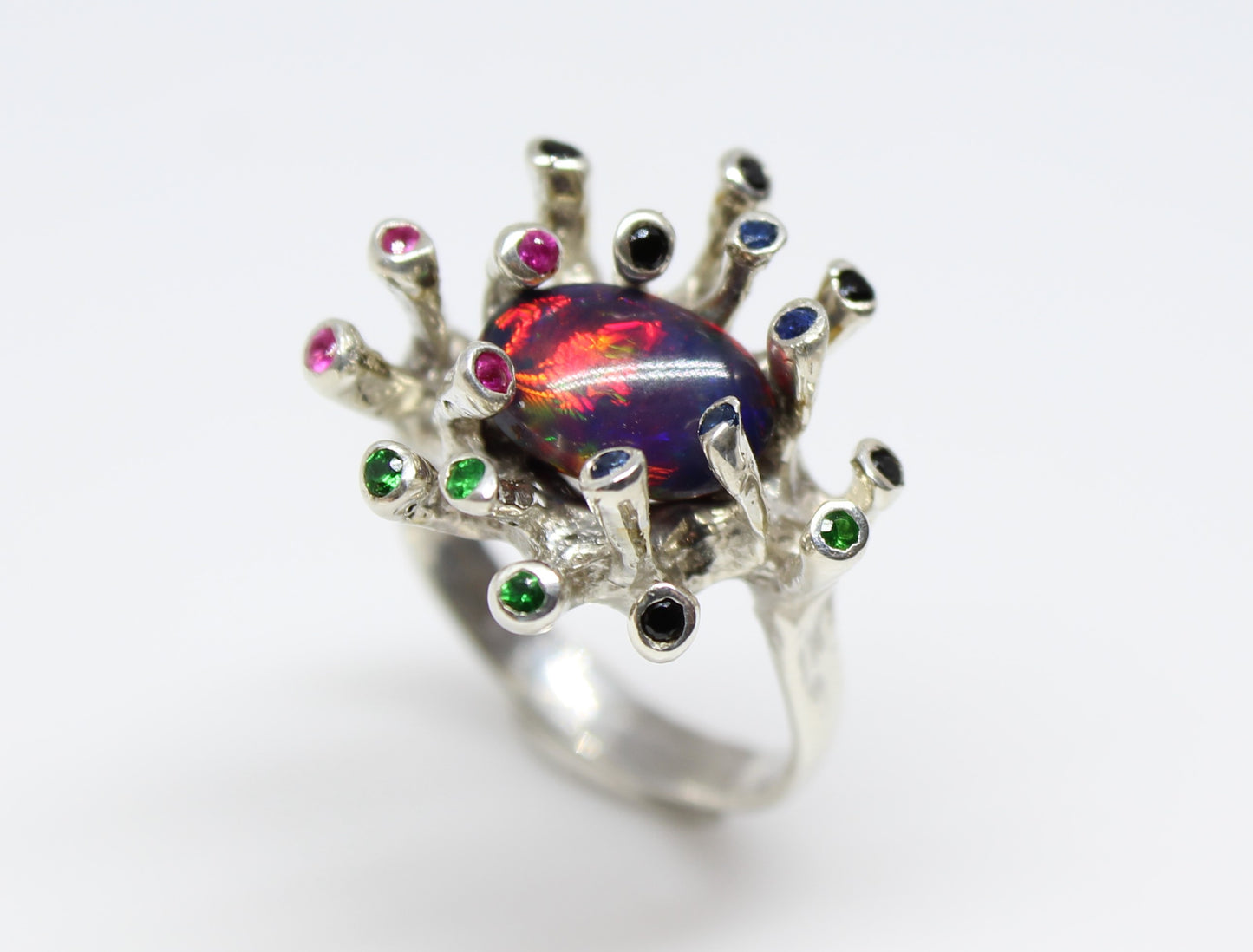 Black Opal & Gemstones Sterling Silver Ring - Handmade Jewelry #218