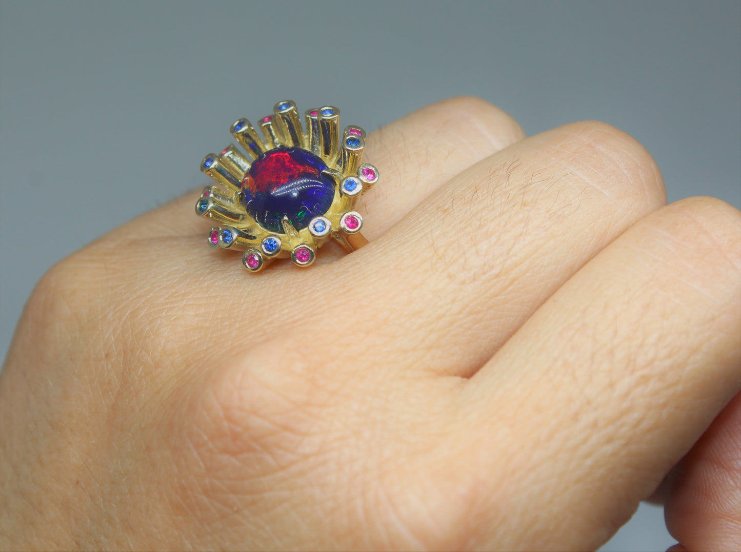 Black Opal & Gemstone 14k Gold Ring - Handmade Jewelry #227