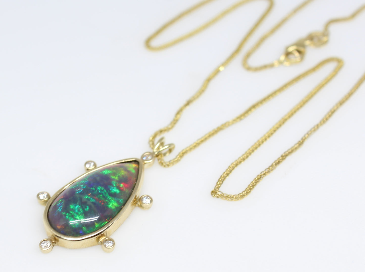 Black Opal & Diamond Pendant 14k Yellow Gold Gemstone Necklace #230