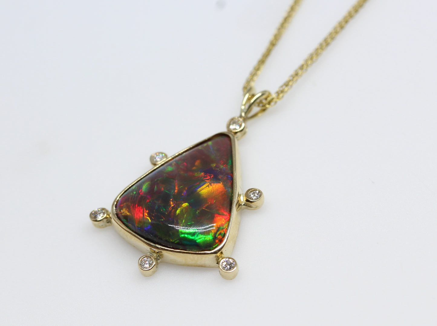 Black Opal & Diamond Pendant 14k Yellow Gold Gemstone Necklace #231