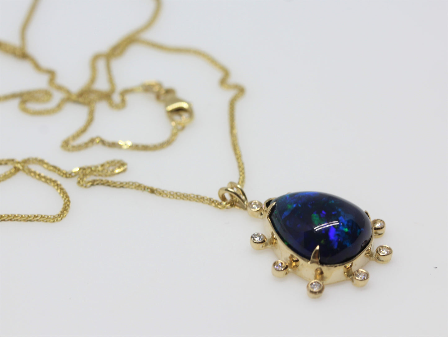 Black Opal & Diamond Pendant 14k Gold Gemstone Necklace #232