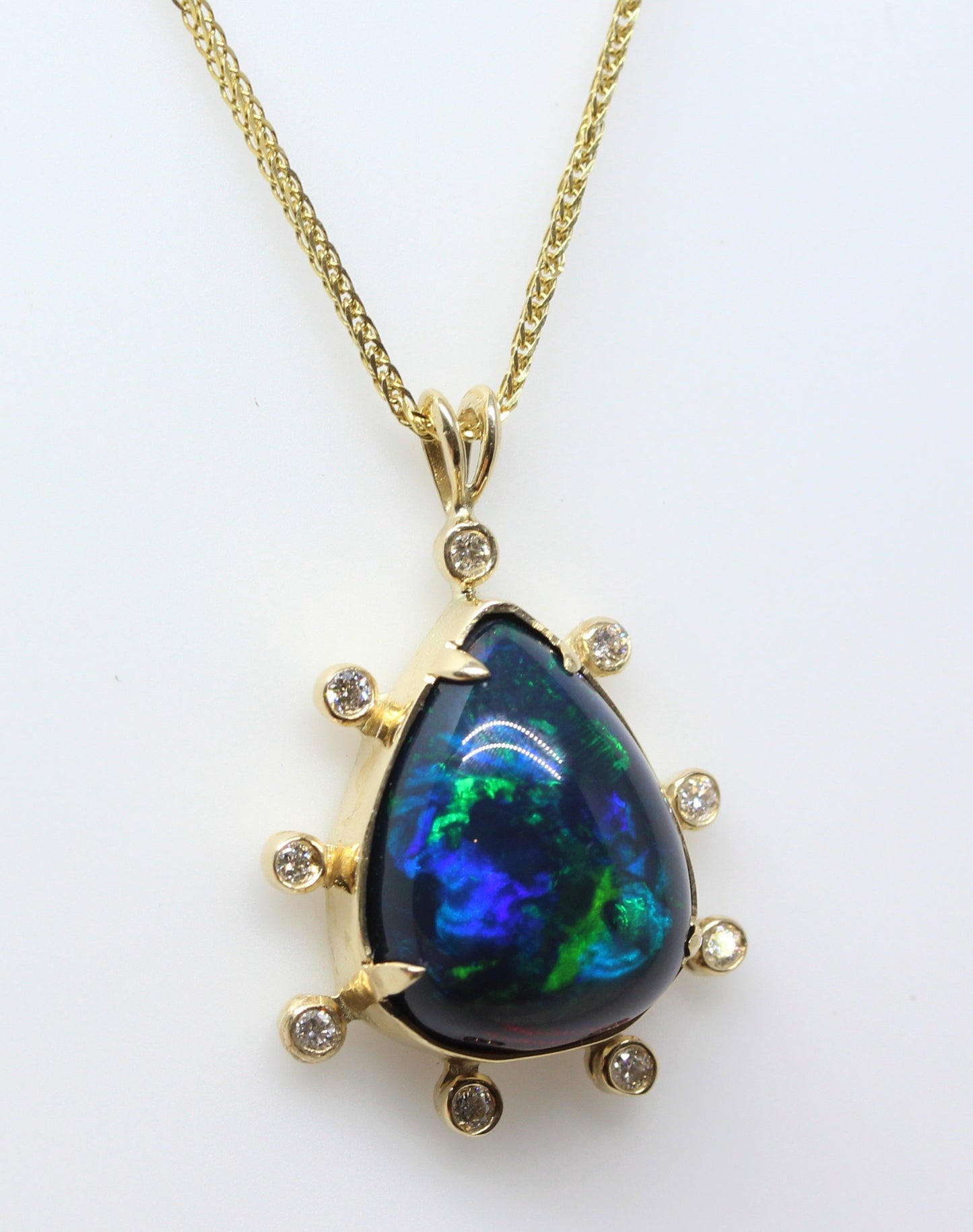 Black Opal & Diamond Pendant 14k Gold Gemstone Necklace #232