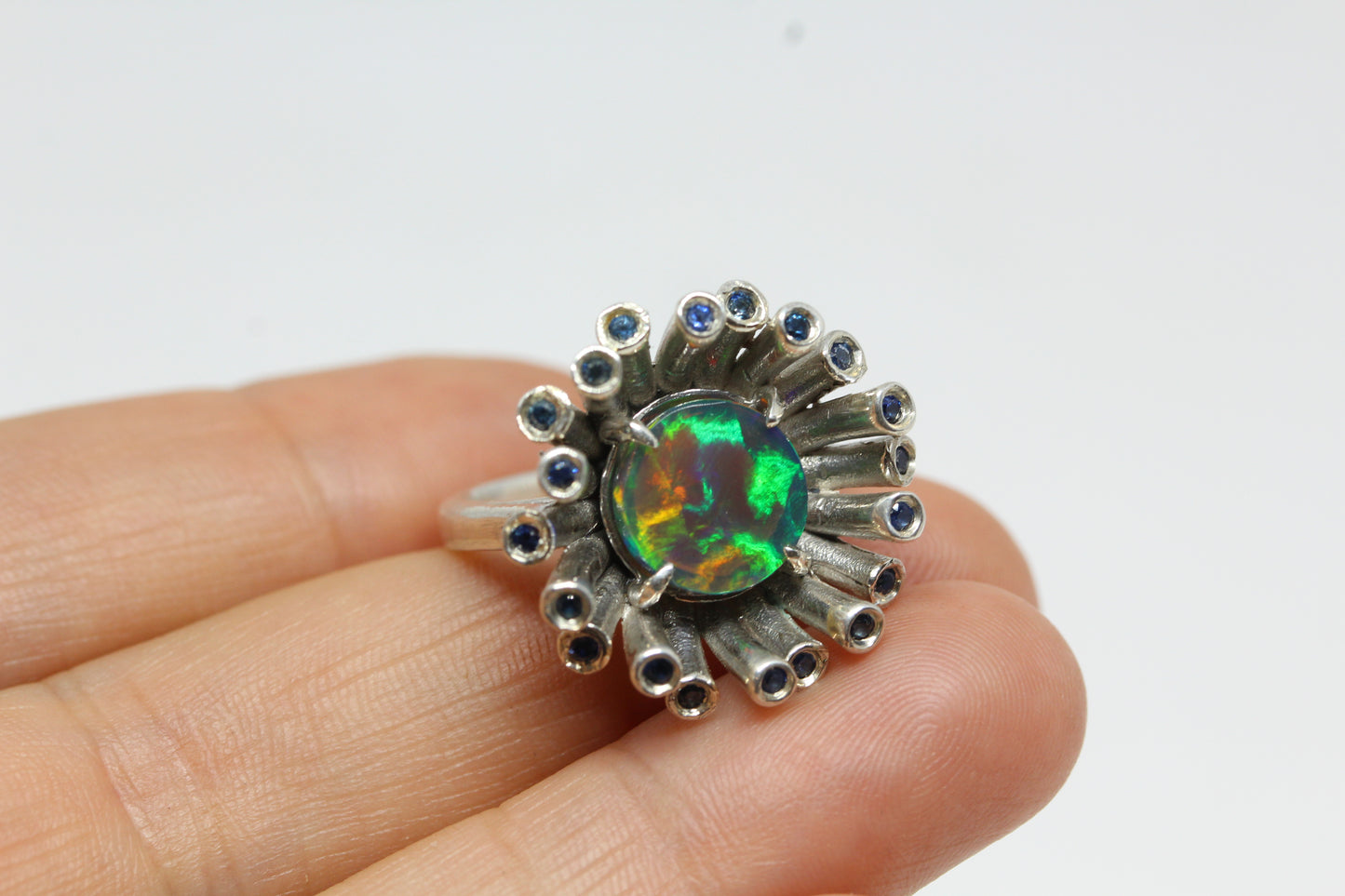 Black Opal & Sapphire Sterling Silver Ring - Gemstone Jewelry #233