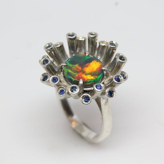 Black Opal & Sapphire Sterling Silver Ring - Gemstone Jewelry #233