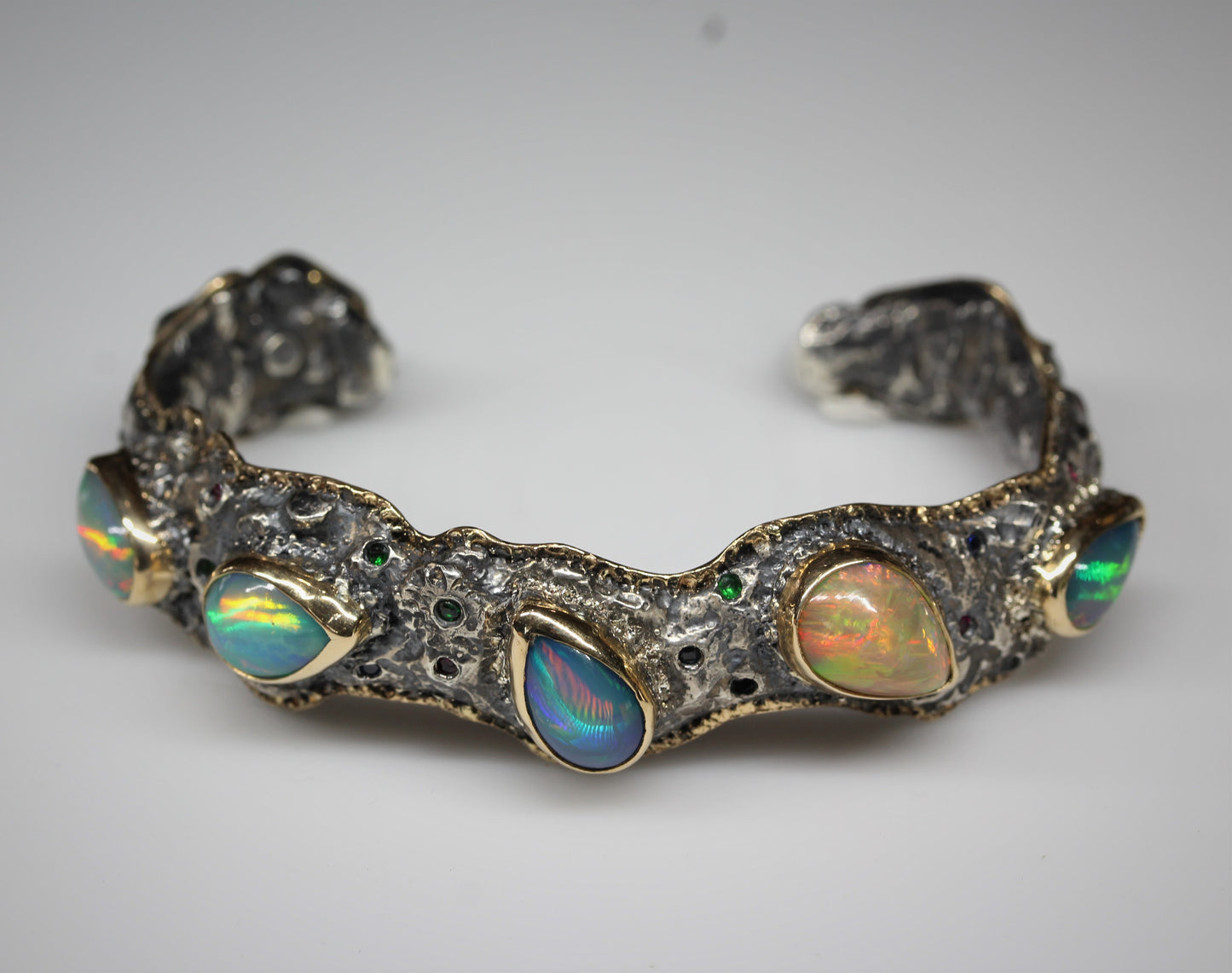 Rustic Silver & Gold Opal Gemstone Cuff Bracelet #241