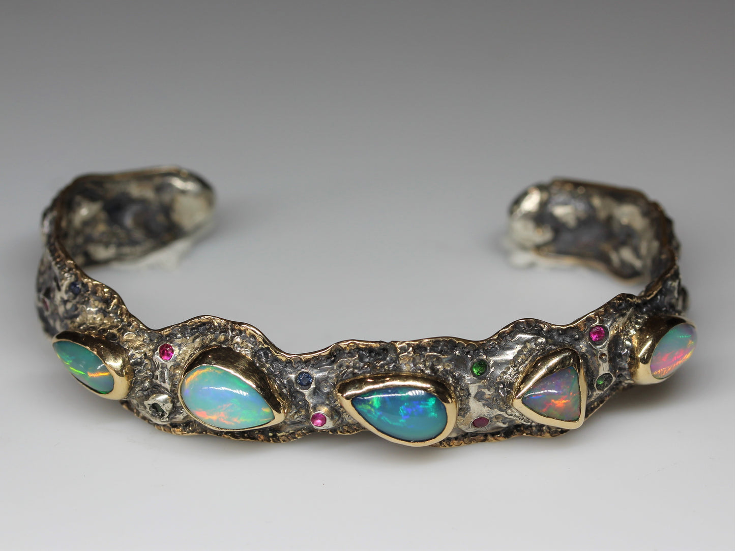 Rustic Silver & Gold Opal Gemstone Cuff Bracelet #242