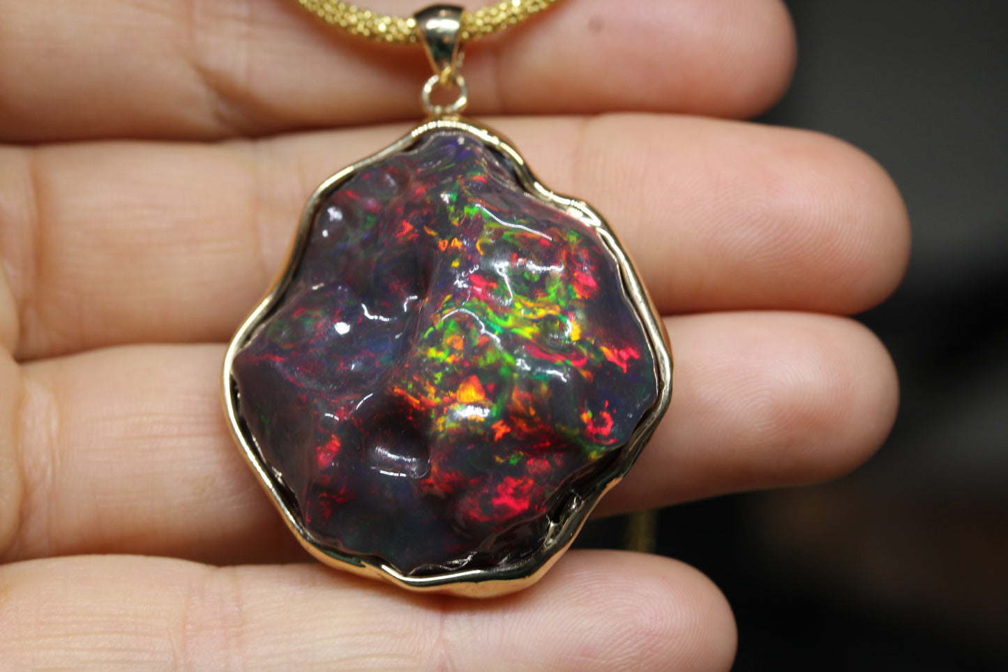 Carved Black Opal 14k Gold Pendant #243