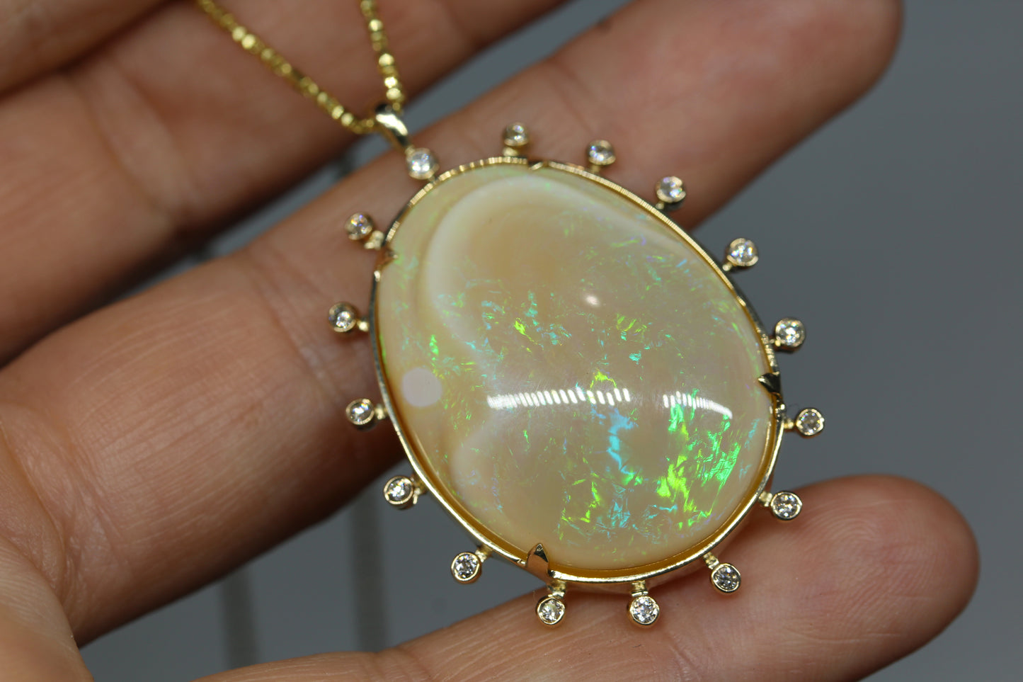 Jelly Opal & Diamond Pendant 14k Yellow Gold Gemstone Necklace #244